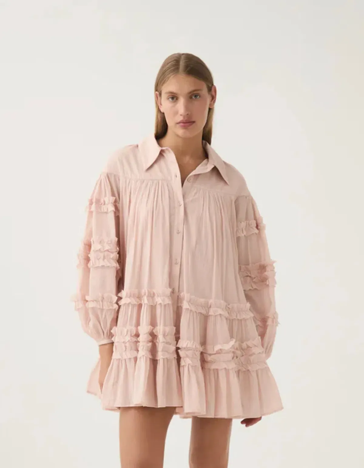 Aje Pastiche Tiered Mini Dress in Blush Pink Size 16 - Image 4