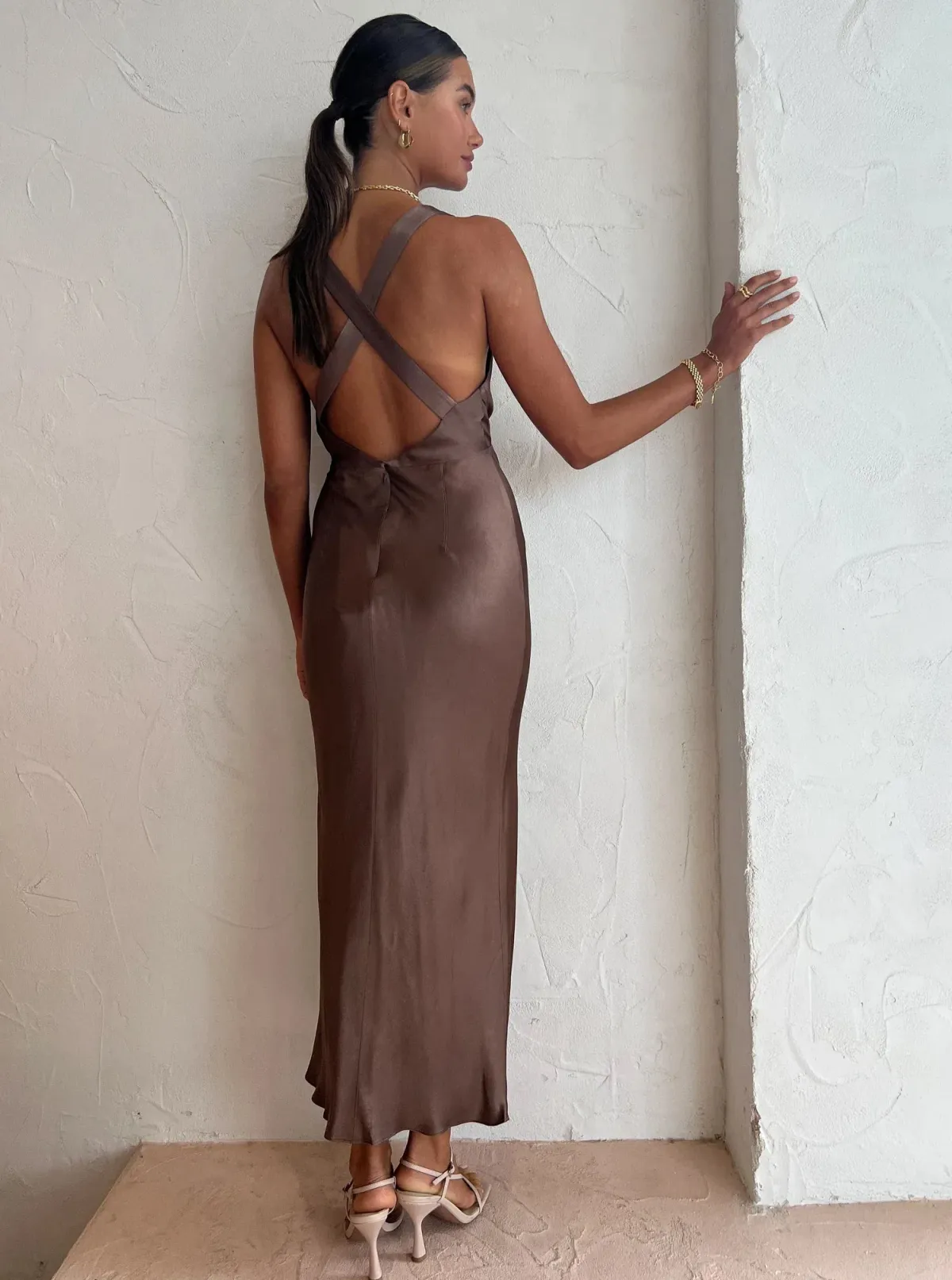 Shona Joy Milo Plunged Cross Back Midi Dress Cacao Size 6 - Image 2