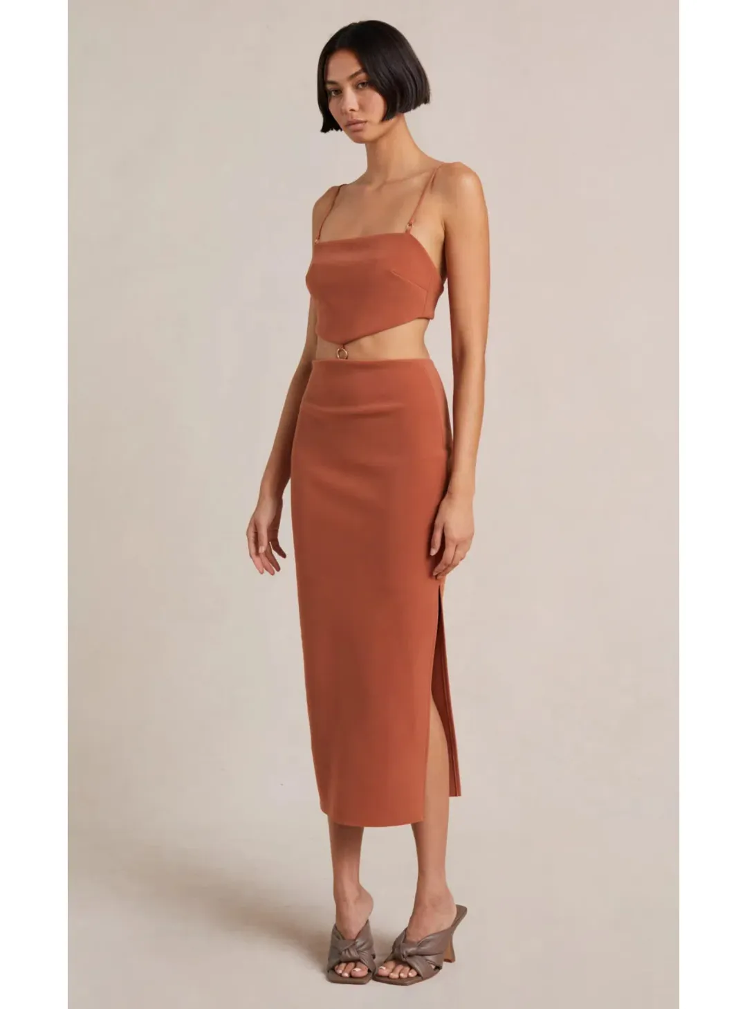 Bec & Bridge Alba Cut Out Midi Dress Terracotta  Size AU 8 for rent on The Volte - main image