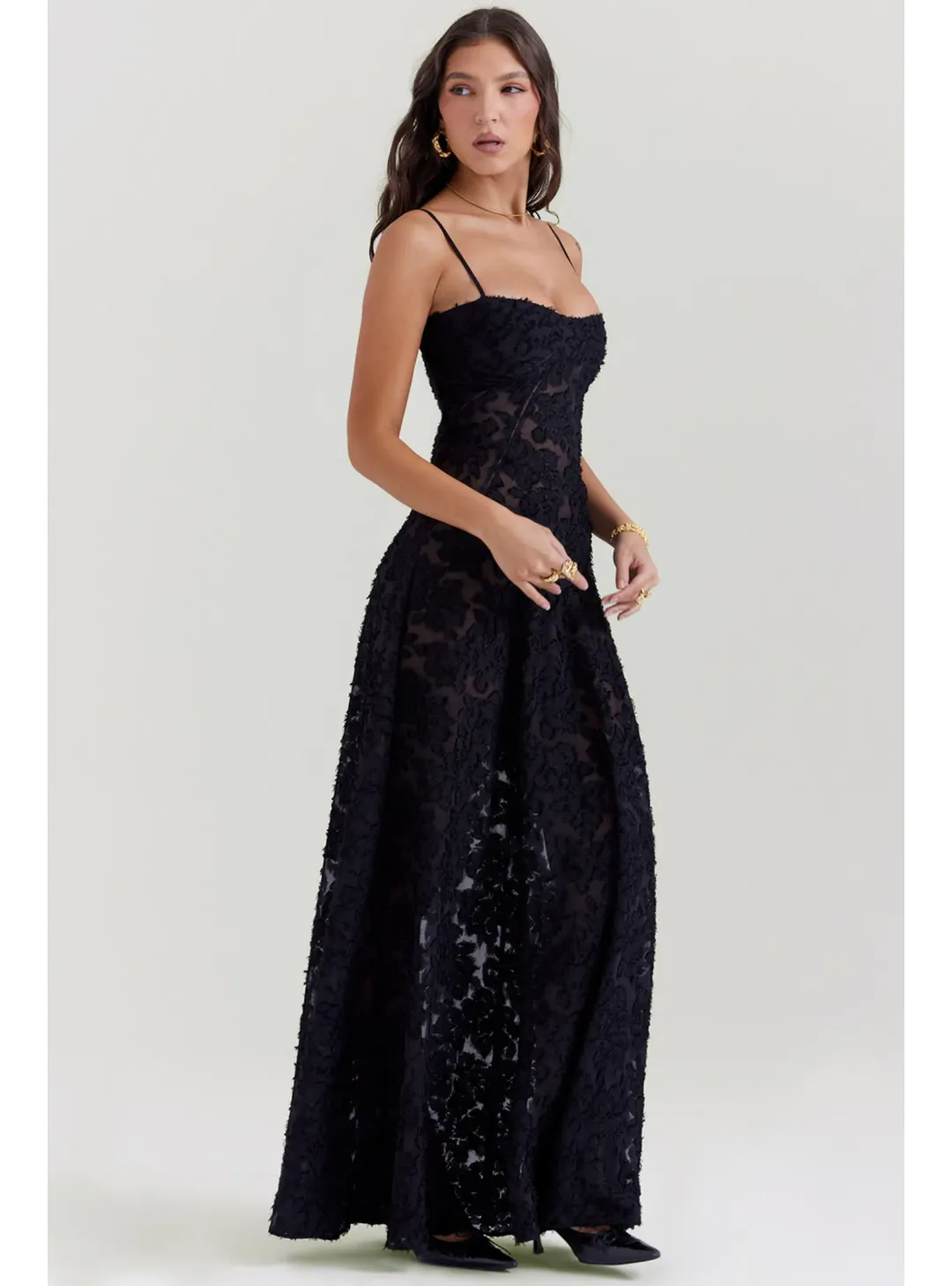 House Of CB Seren Lace Back Maxi Dress Black Floral Size M / AU 10 for rent on The Volte - main image