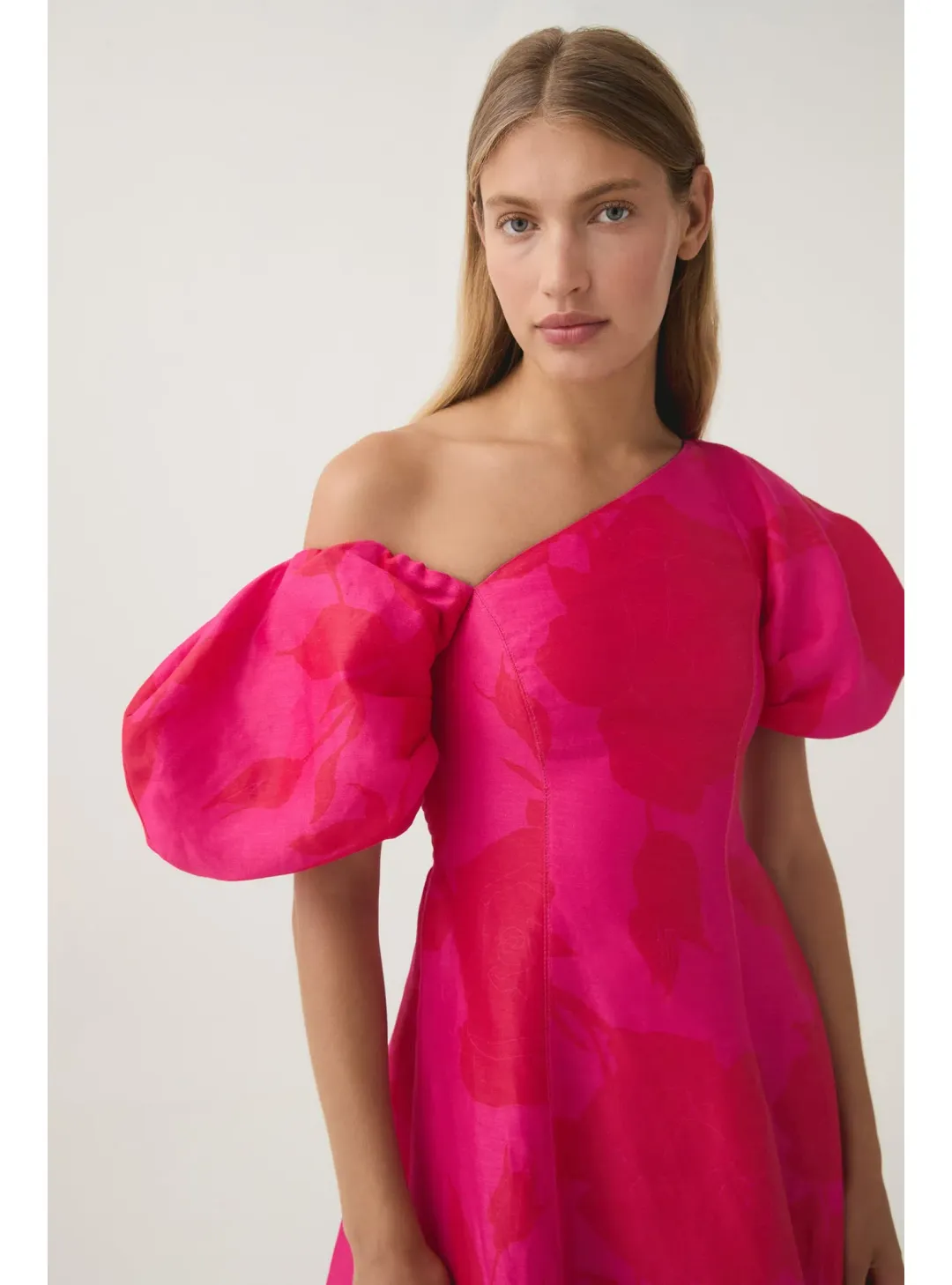 Aje Arista Tulip Sleeve Midi Dress Fluorescent Rose Size AU 10  for rent on The Volte - main image