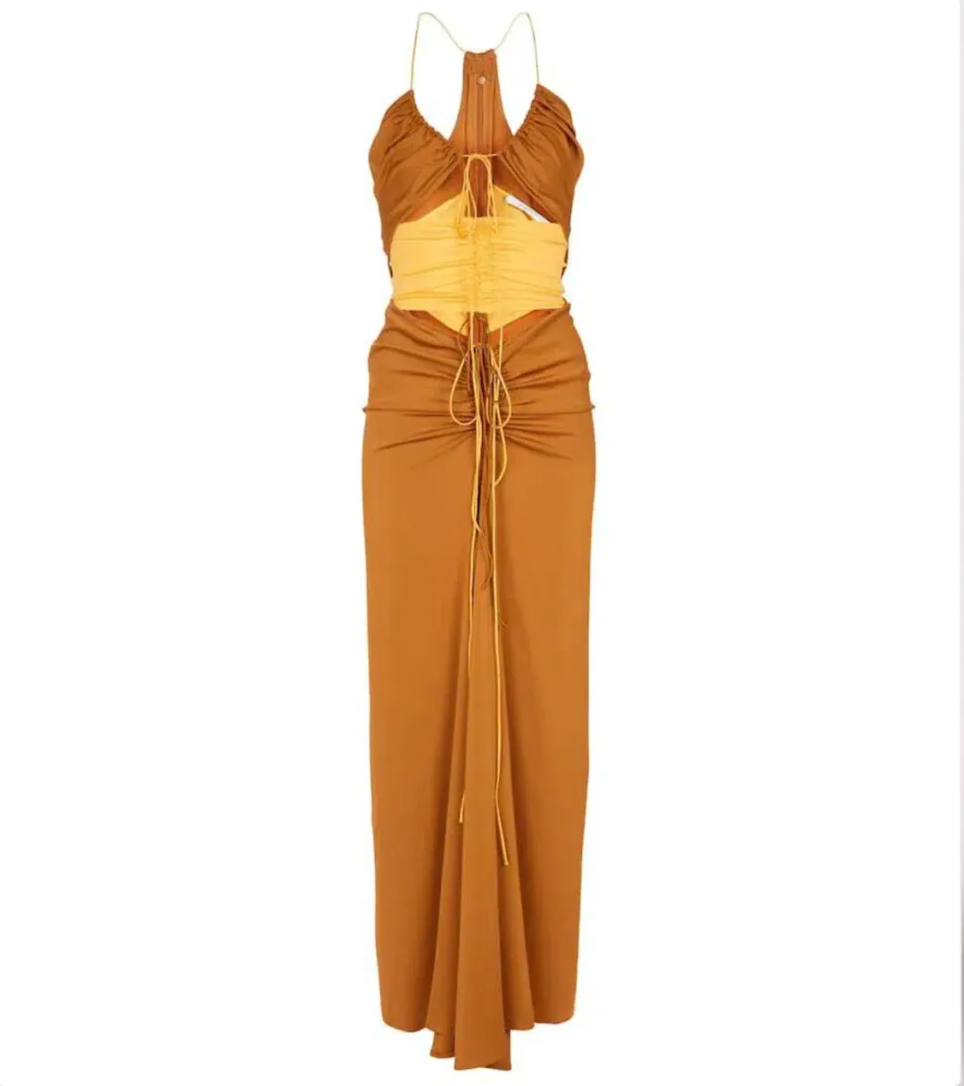 Christopher Esber  Multi Panel Disconnect Ruched Halter Dress Caramel/Chalky Yellow Size 12 AU for rent on The Volte - main image