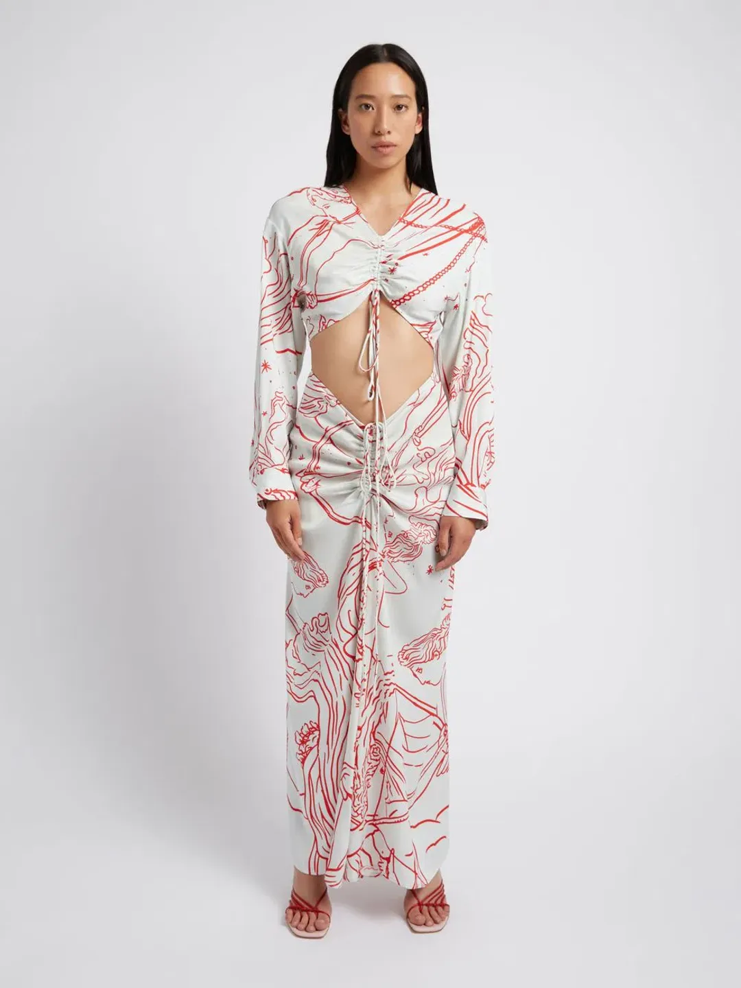 Christopher Esber Ruched Disconnect Shirt Dress Odyssey Print in Red/Ice  Size 4 AU for rent on The Volte - main image