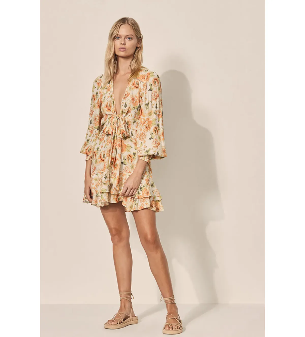 Kivari Everly Tie Front Mini Dress  White Floral Size 8  - Image 1