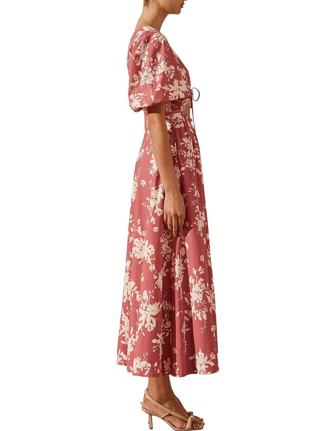 Shona Joy Cali Short Sleeve Cut Out Midi Dress Pink Floral Size 10 for rent on The Volte - main image