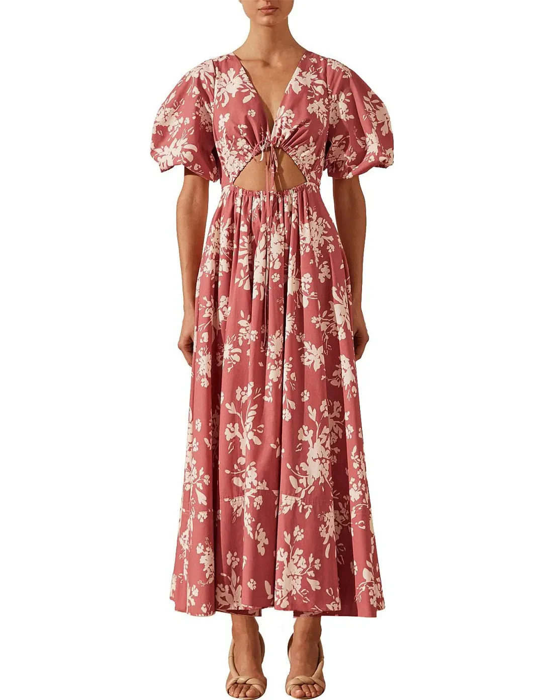 Shona Joy Cali Short Sleeve Cut Out Midi Dress Pink Floral Size 10 for rent on The Volte - main image