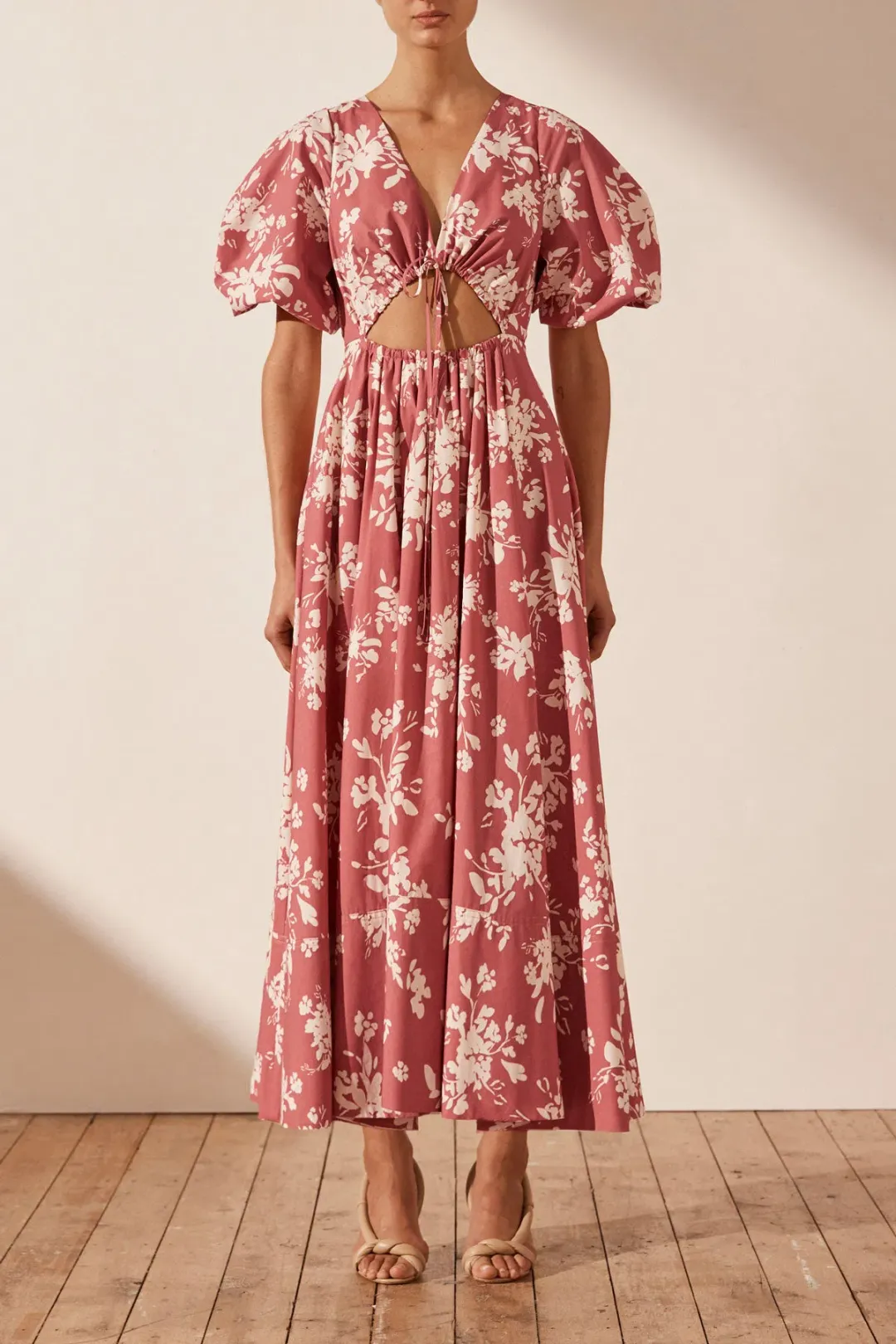 Shona Joy Cali Short Sleeve Cut Out Midi Dress Pink Floral Size 12 for rent on The Volte - main image