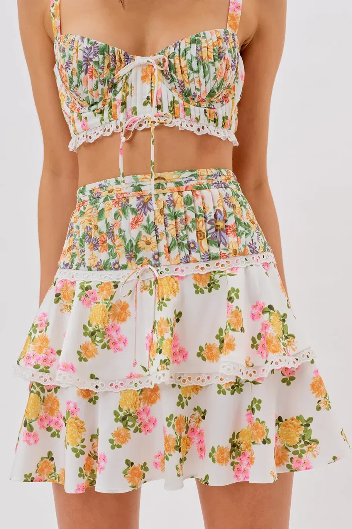 For Love and Lemons Rosalyn Crop Top Size XS and Mini Skirt Size XXS Set Floral - Image 2