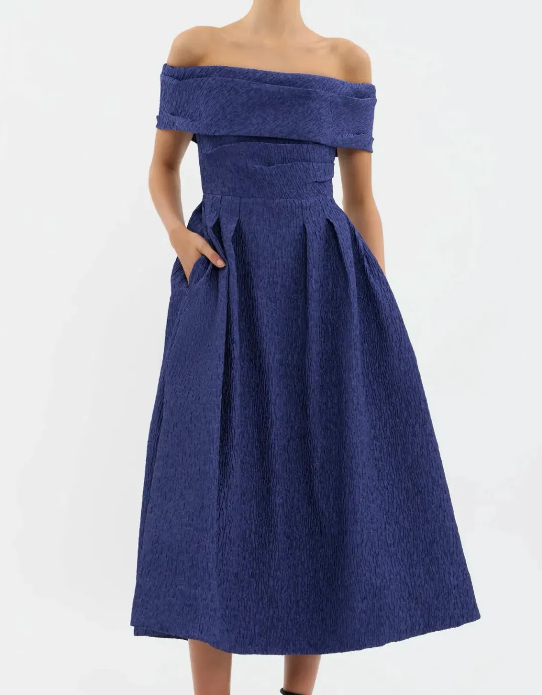 Rebecca Vallance Helene Off Shoulder Midi Dress Blue Size 12 for rent on The Volte - main image