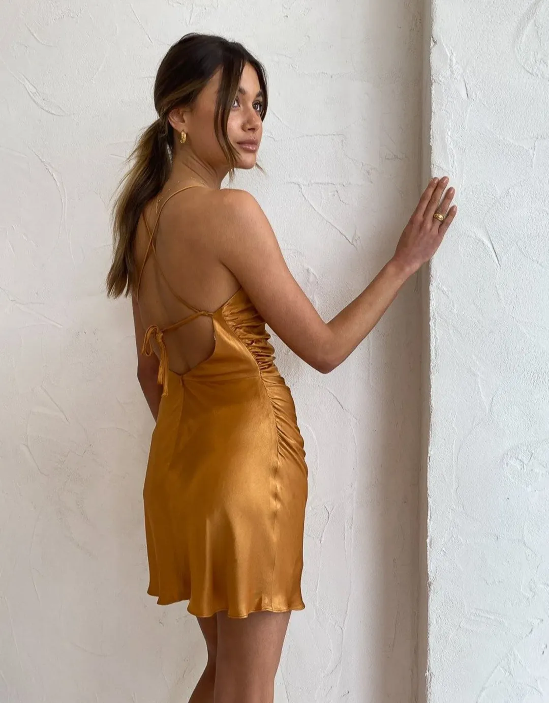 Shona Joy Alma Bias Cowl Mini Dress Turmeric Size 6 for rent on The Volte - main image