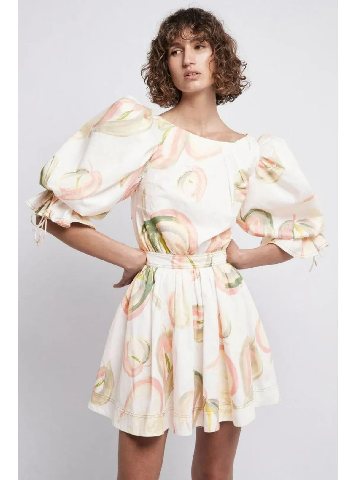 Aje Imprint Cotton Puff Sleeve Mini Dress In Painterly Laceleaf Size AU 6 - Image 2