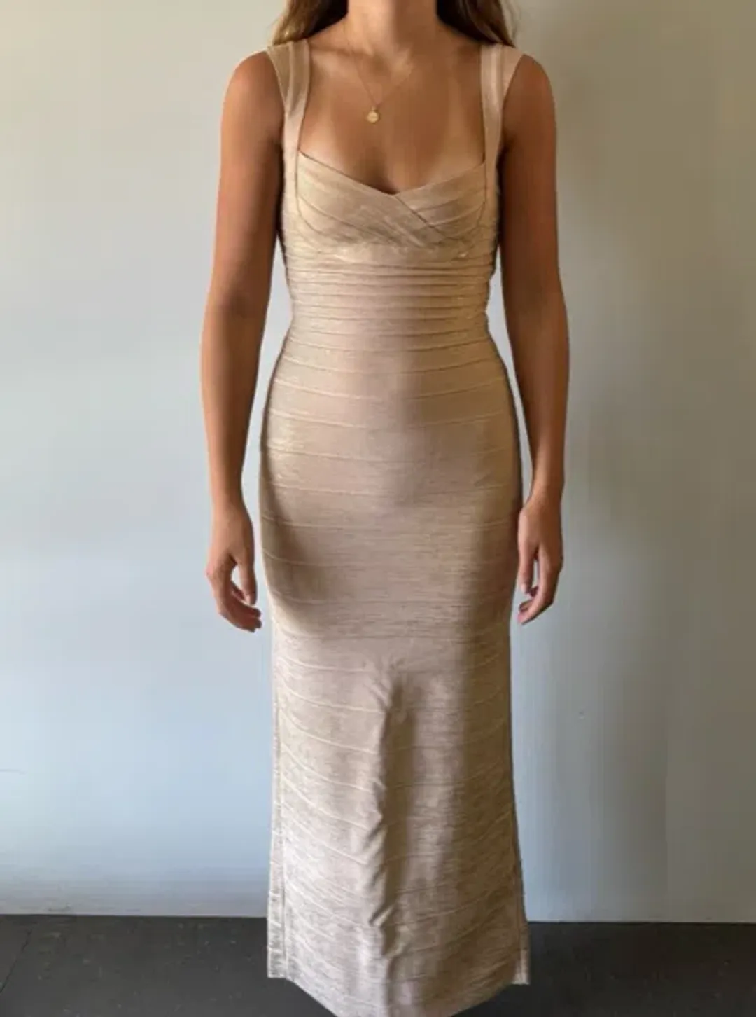 Herve Leger Sweetheart Banded Foil Gown Gold in Size XS/ AU 6 for rent on The Volte - main image