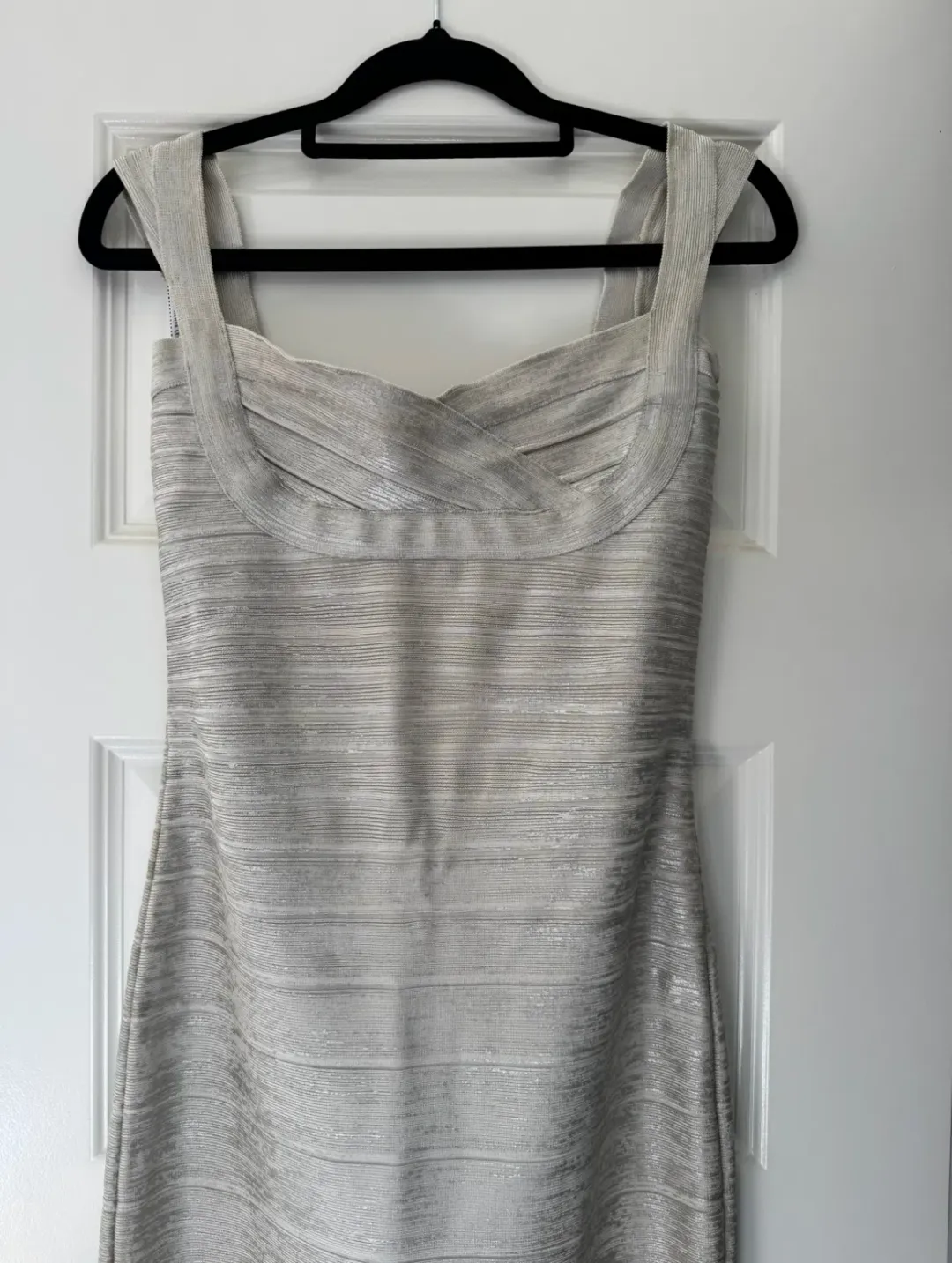 Herve Leger Sweetheart Banded Foil Gown Silver in Size XS/AU 6 for rent on The Volte - main image