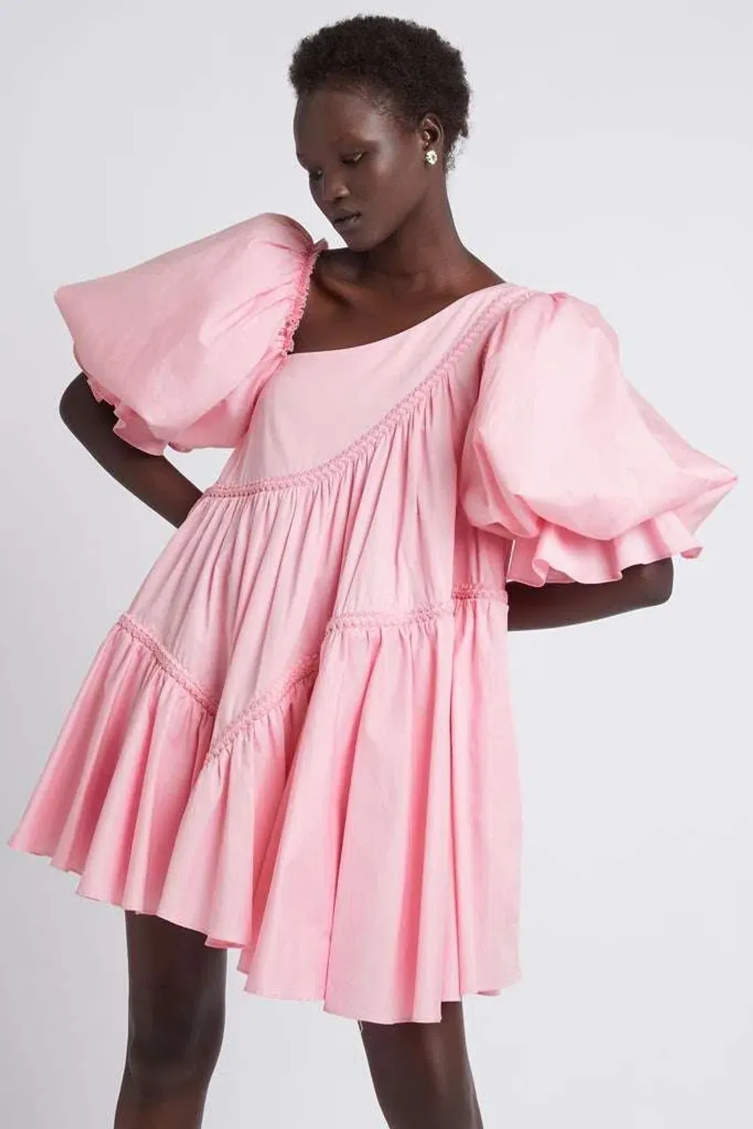 Aje Casabianca Braided Asymmetric Puff Sleeve Mini Dress Pink Size 4 for rent on The Volte - main image