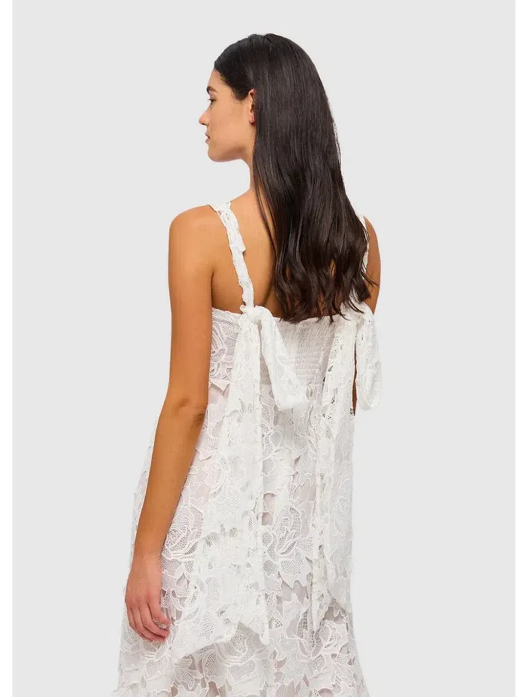 Leo Lin Iris Lace Ruched Bust Midi Dress White Size 8 for rent on The Volte - main image