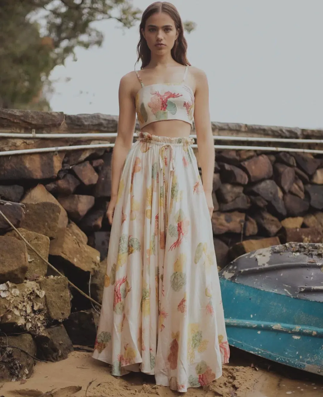 ROOH Collective Summer Crop and Maxi Skirt Set in La Mer Print Size S / AU 8 for rent on The Volte - main image