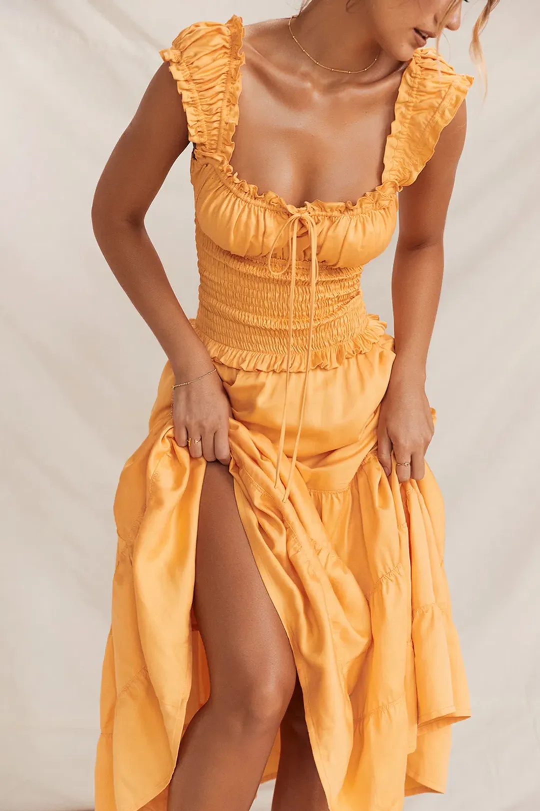 House Of CB Phedra Shirred Sundress Apricot SIze 8 for rent on The Volte - main image