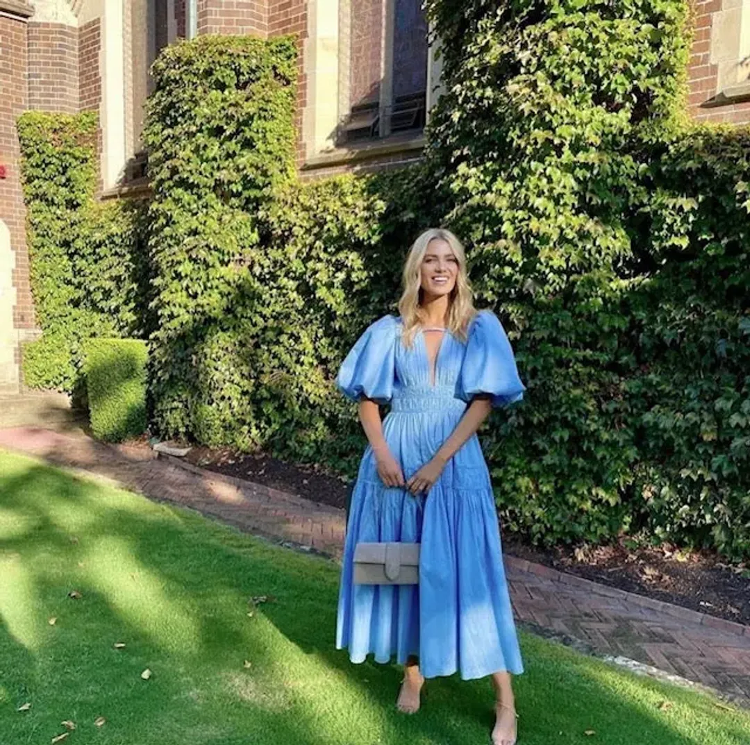 Aje Fallingwater Gathered Midi Dress Light Blue Size L / AU 12 for rent on The Volte - main image