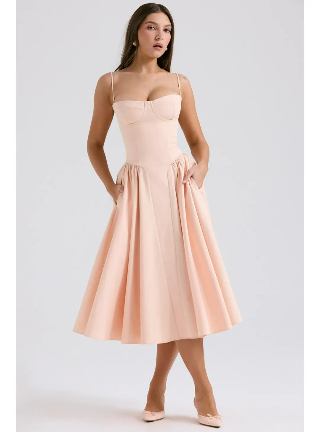 House Of CB Samaria Parfait Twill Corset Midi Dress Peach Size S / AU 8 for rent on The Volte - main image