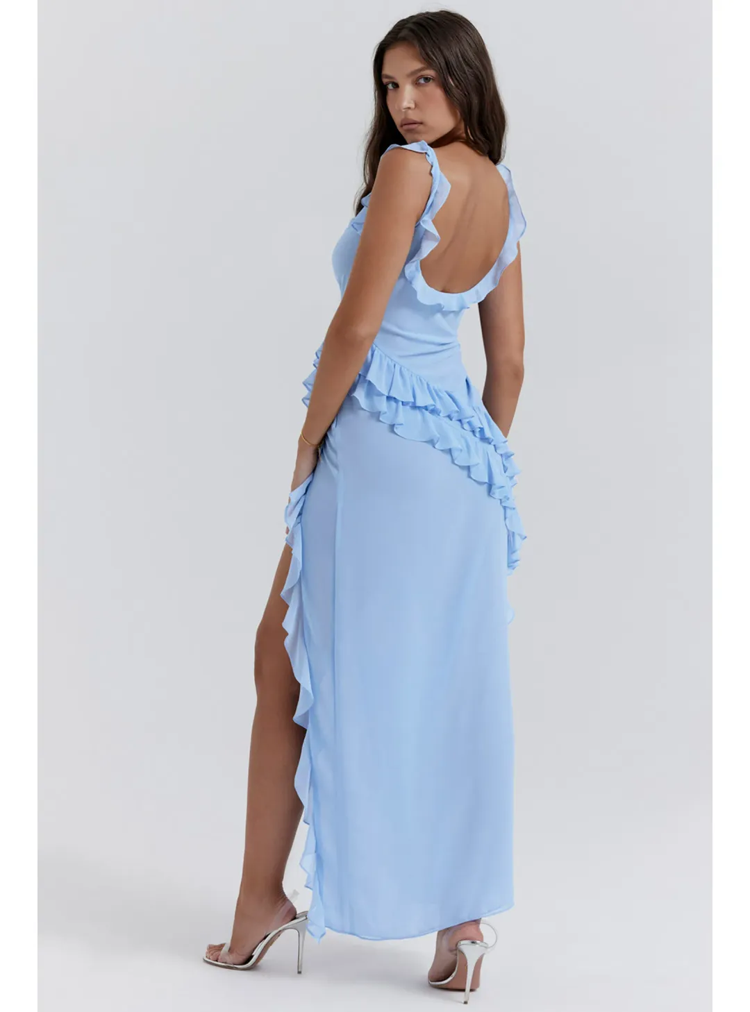 House of CB Ariela Ruffle Maxi Dress in Soft Blue Size S / AU 8 for rent on The Volte - main image