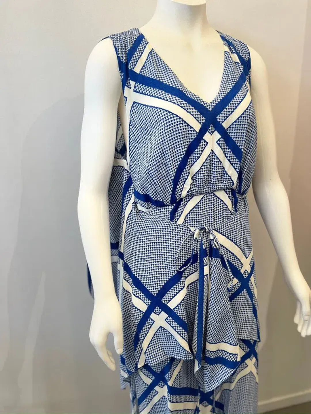 Sass & Bide The Flight Geometric Maxi Dress Blue/White Size AU 12 for rent on The Volte - main image