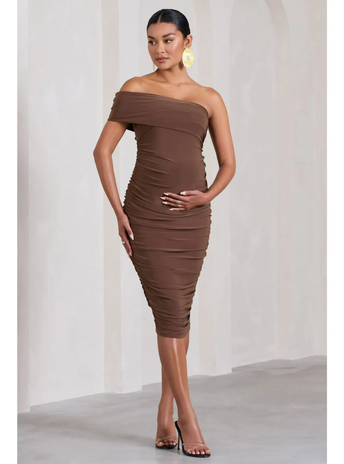 Club L London Remember Me Maternity One Shoulder Midi Dress Chocolate Size AU 12 - Image 1