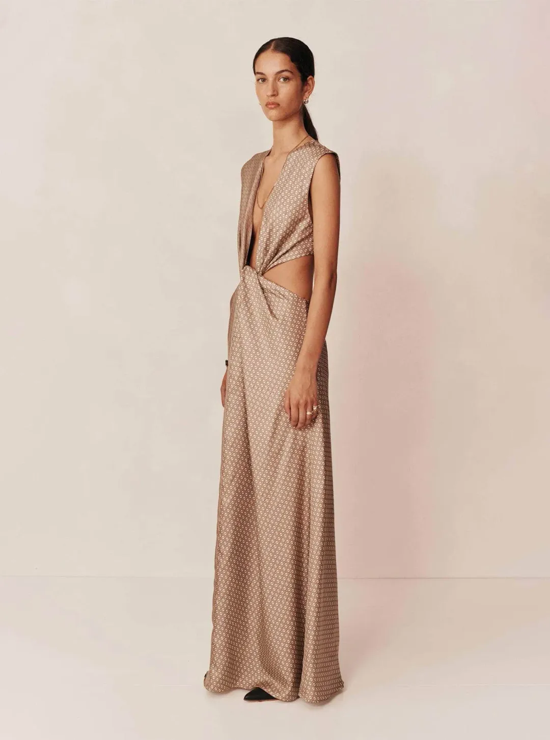 Esse Linka Twist Maxi Dress Brown Print Size 6 for rent on The Volte - main image