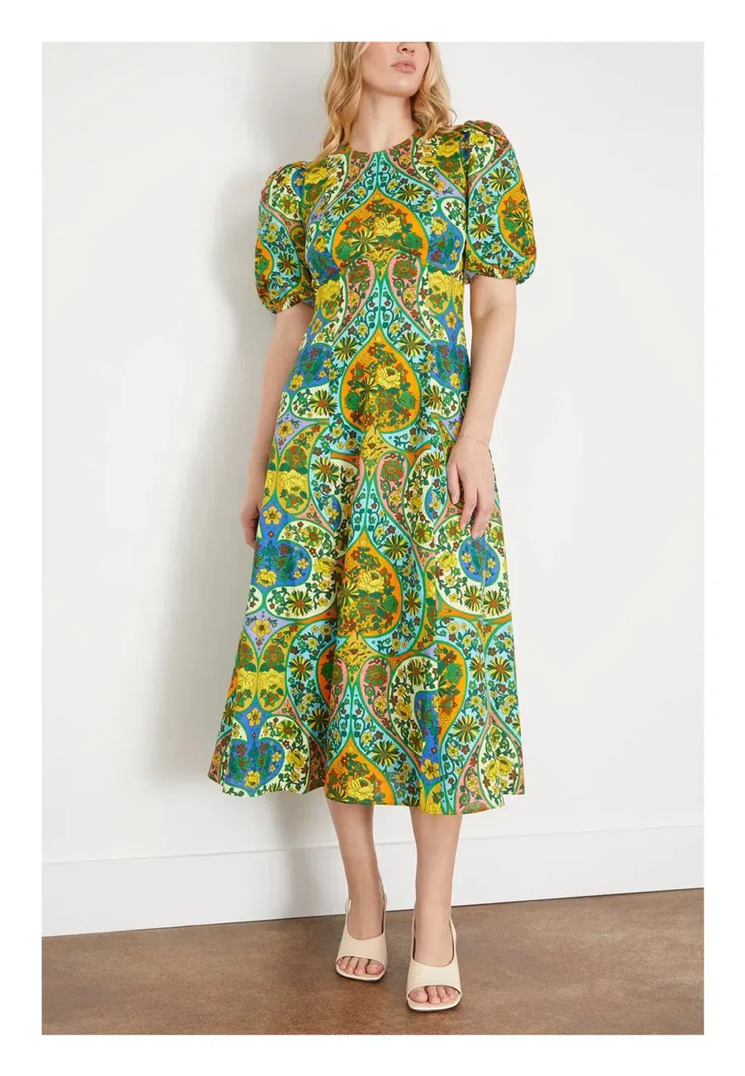 Alemais Sofie Puff Sleeve Midi Dress Green Print Size 12 for rent on The Volte - main image