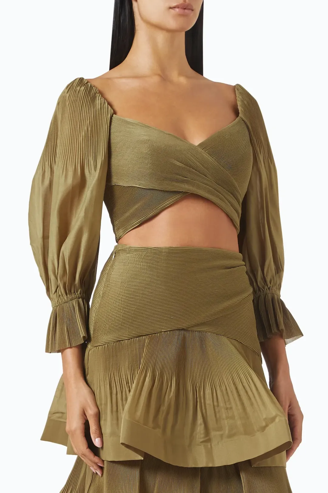 Zimmermann Pleated Bodice and Tiered Skirt Set in Olive Size 1 / AU 10 for rent on The Volte - main image