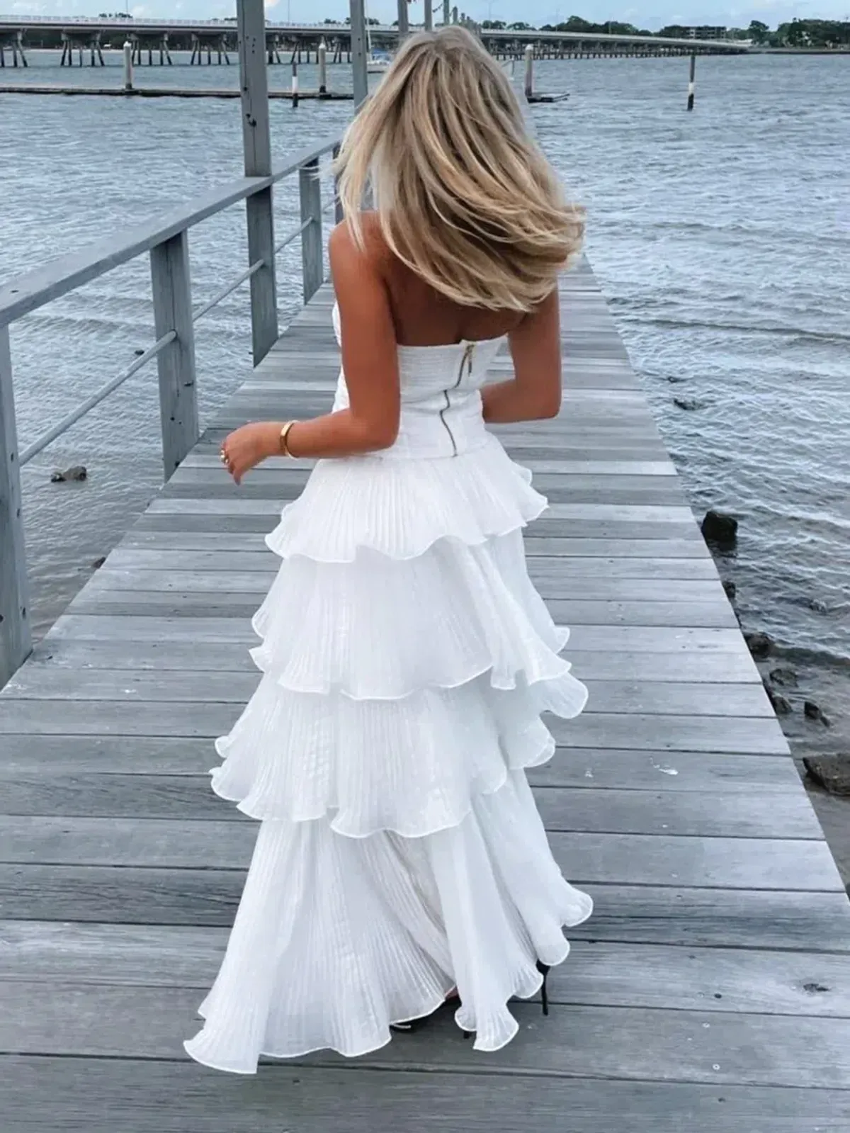 Aje Sunbeam Ruched Bustier and Cosmos Tiered Maxi Skirt Set Ivory Size 8 - Image 2