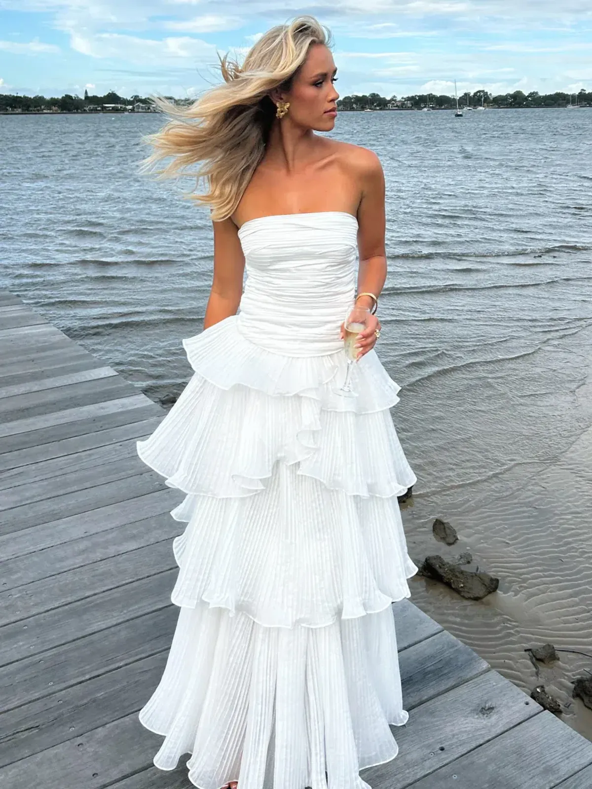 Aje Sunbeam Ruched Bustier and Cosmos Tiered Maxi Skirt Set Ivory Size 12 - Image 1