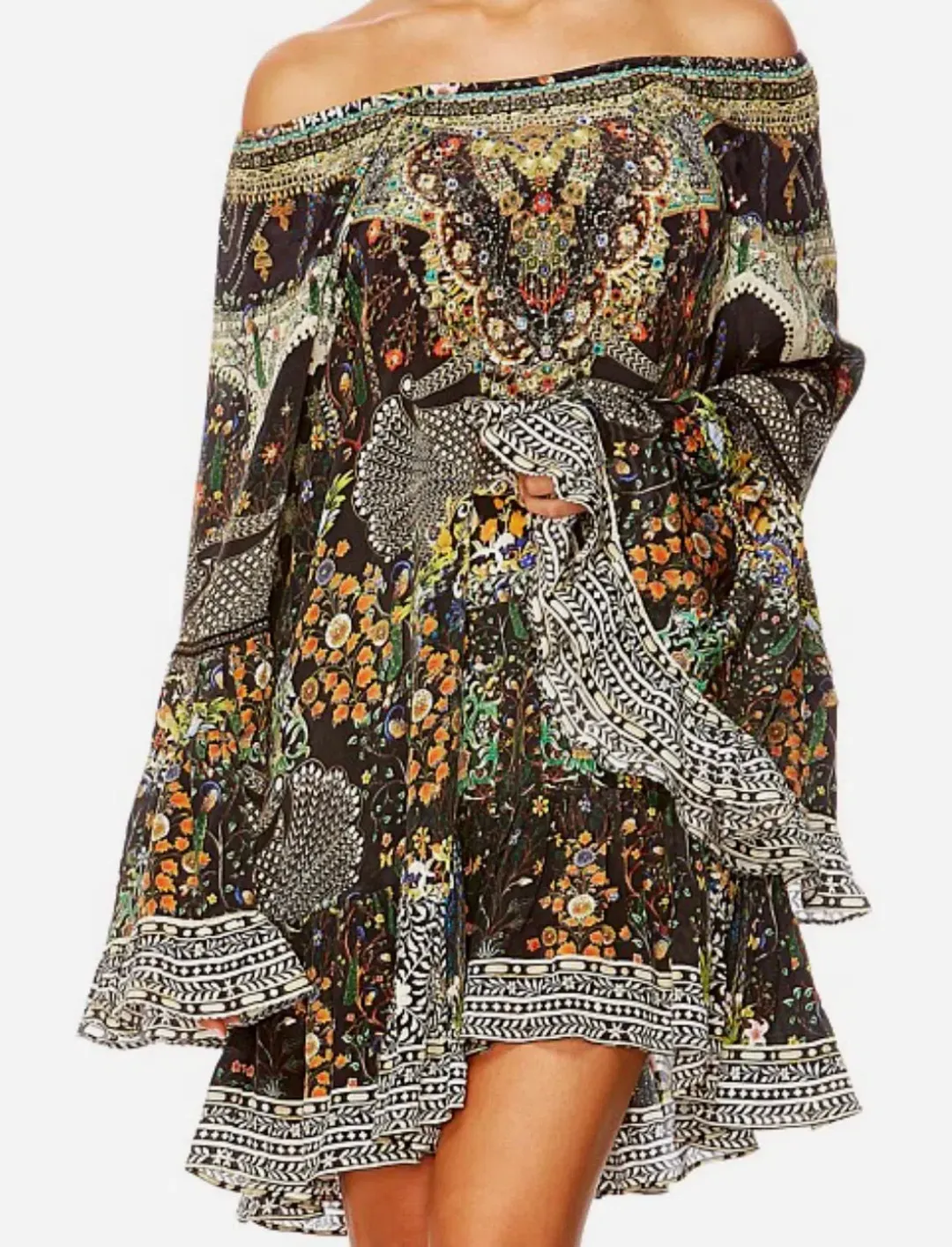 Camilla Scoop-Neck A-Line Printed Frill Mini Dress Multi Size 14/XL for rent on The Volte - main image