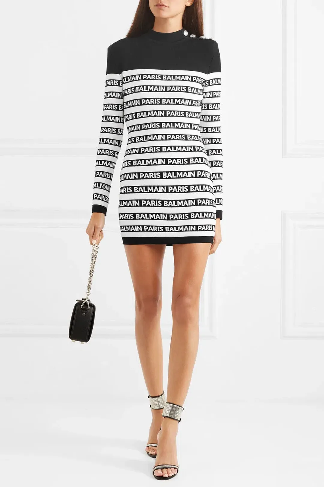 Balmain Button Embellished Fitted Logo Striped Mini Dress Black/White Size 8 for rent on The Volte - main image