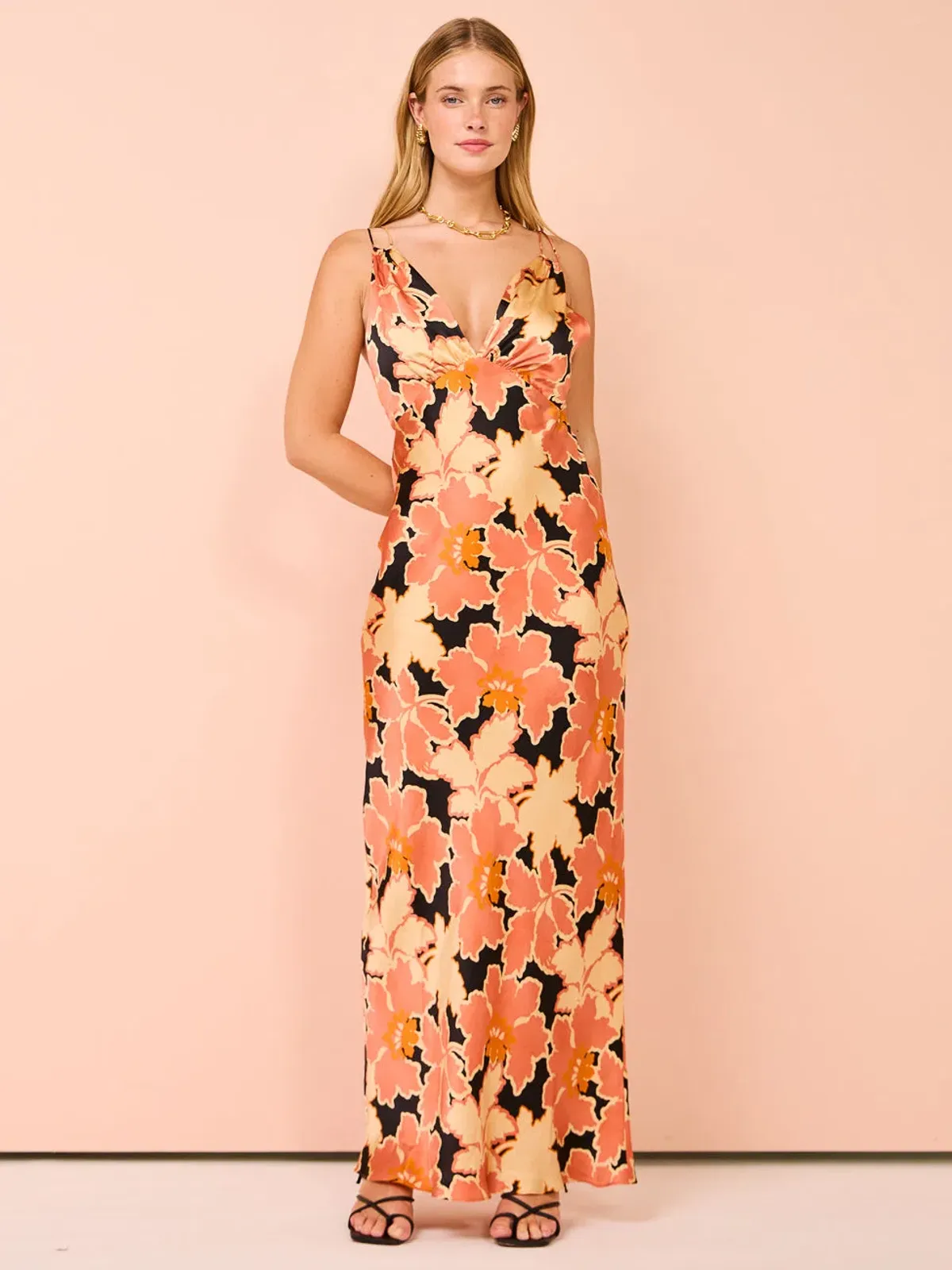Shona Joy Rosa Silk Plunged Double Strap Maxi Dress in Coral Pink/Multi Size 8 - Image 1