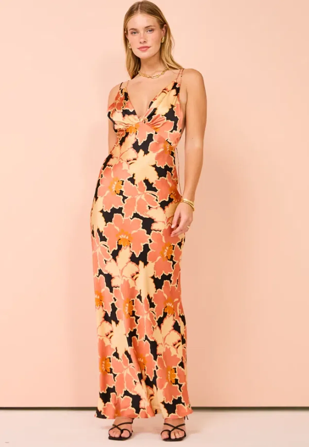 Shona Joy Rosa Silk Plunged Double Strap Maxi Dress in Coral Pink/Multi Size 8 - Image 2