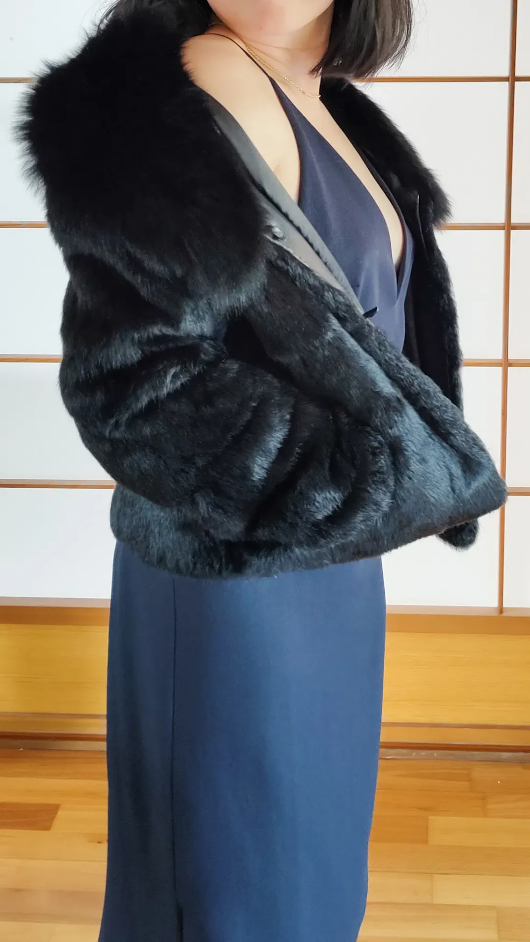 Black Genuine Rabbit Fur Jacket with Fox Collar in Small / AU 8 for rent on The Volte - main image