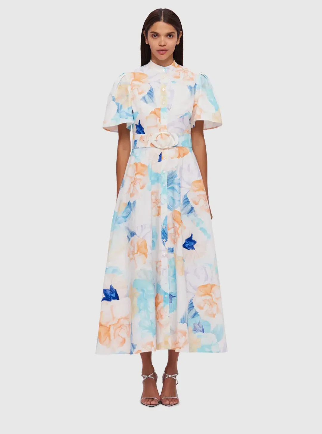 Leo Lin Bianca Midi Dress Rosebud Print In Cream Size AU 14 for rent on The Volte - main image