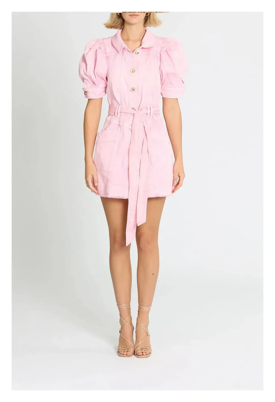 Aje Flora Denim Puff Sleeve Mini Dress Pink Size 8 for rent on The Volte - main image