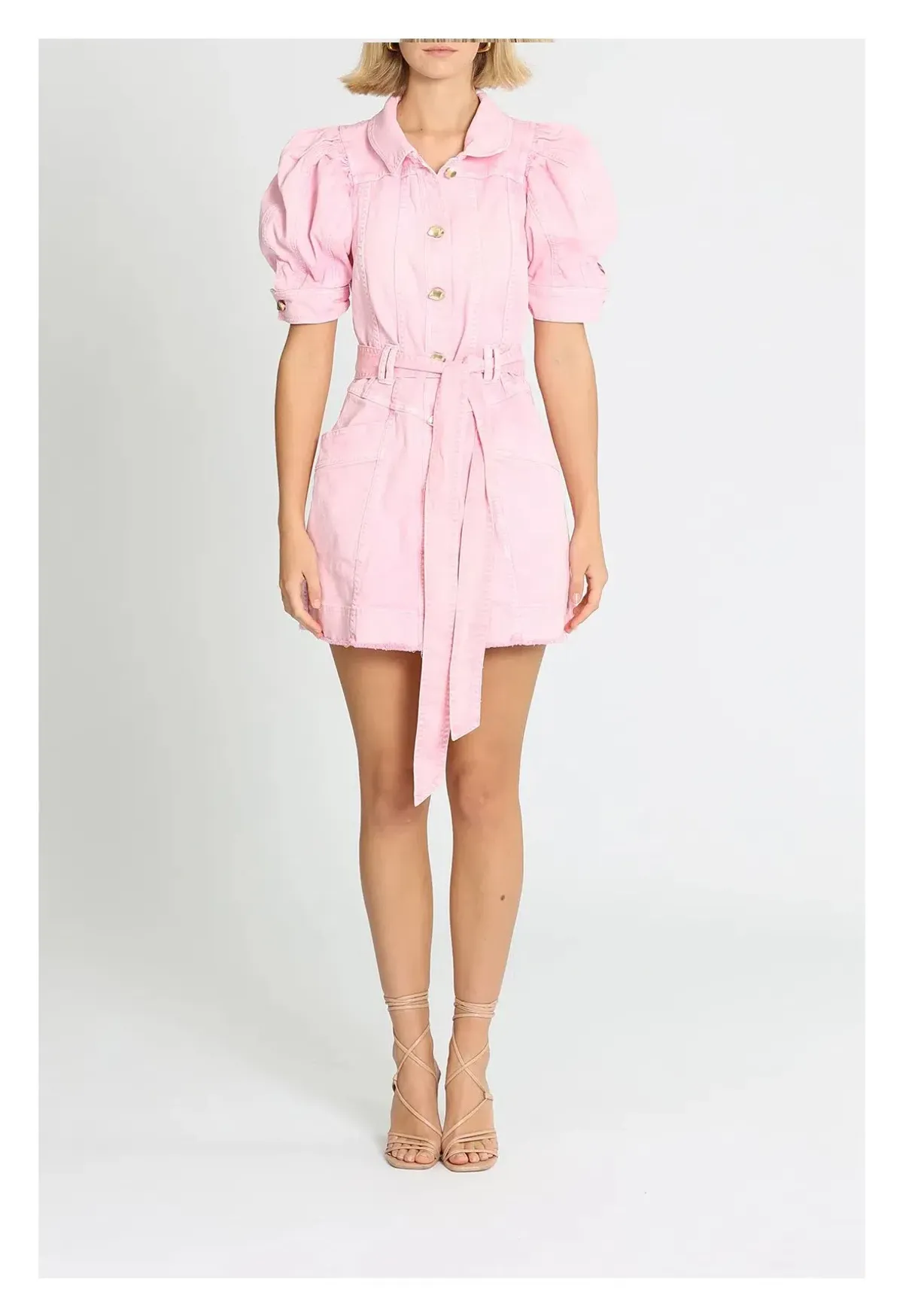 Aje Flora Denim Puff Sleeve Mini Dress Pink Size 8 - Image 1