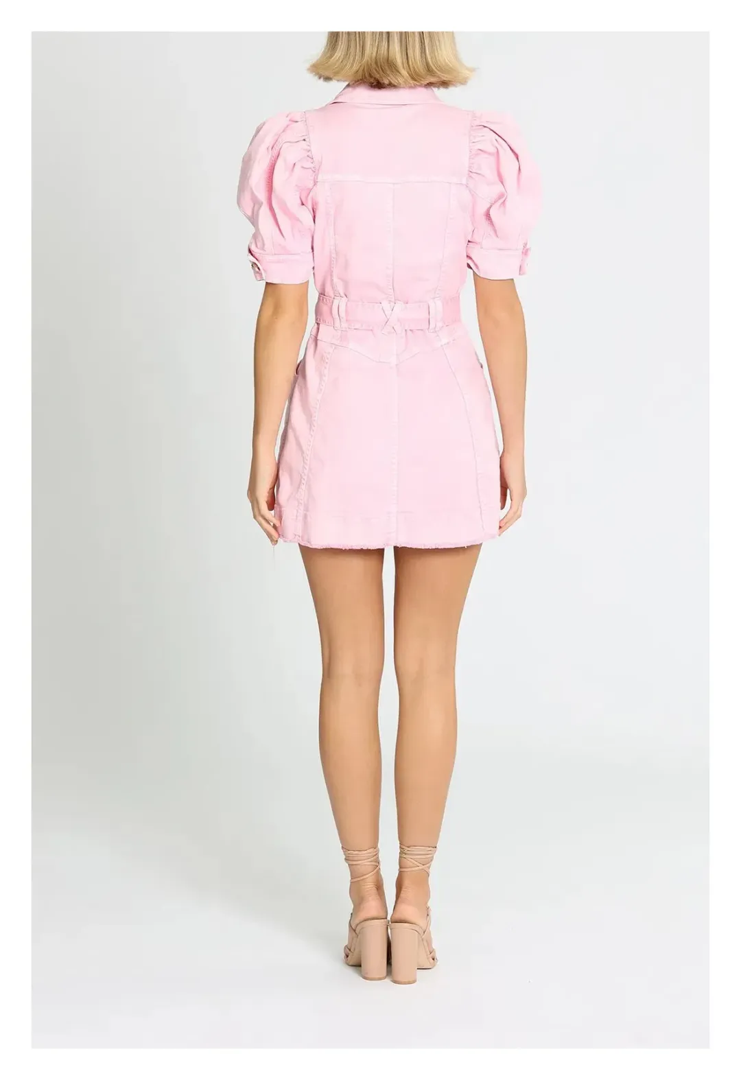 Aje Flora Denim Puff Sleeve Mini Dress Pink Size 8 for rent on The Volte - main image