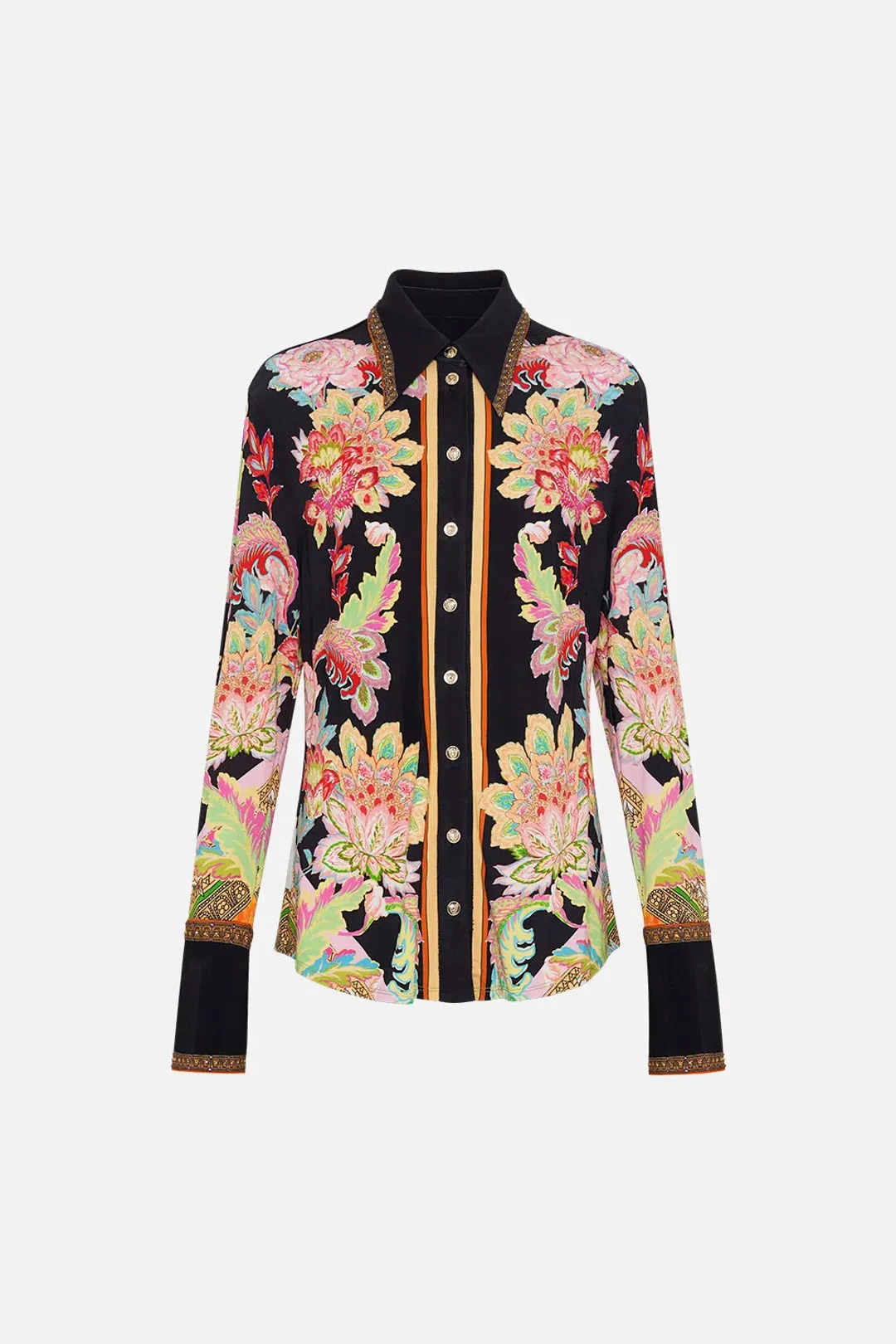 Camilla Sundowners In Sicily Fitted Jersey Shirt & Flare Pant Set Multi Floral Size M / AU 12 for rent on The Volte - main image