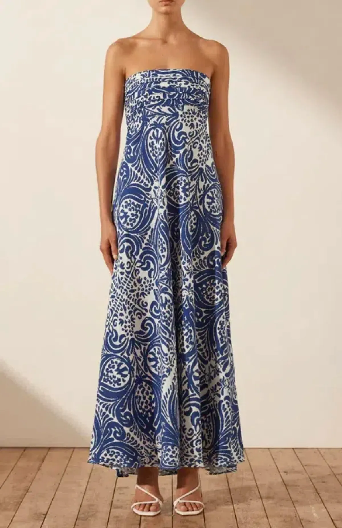 Shona Joy Pombeline Strapless Corded Maxi Dress in Ivory/Blue Print Size 8 - Image 4