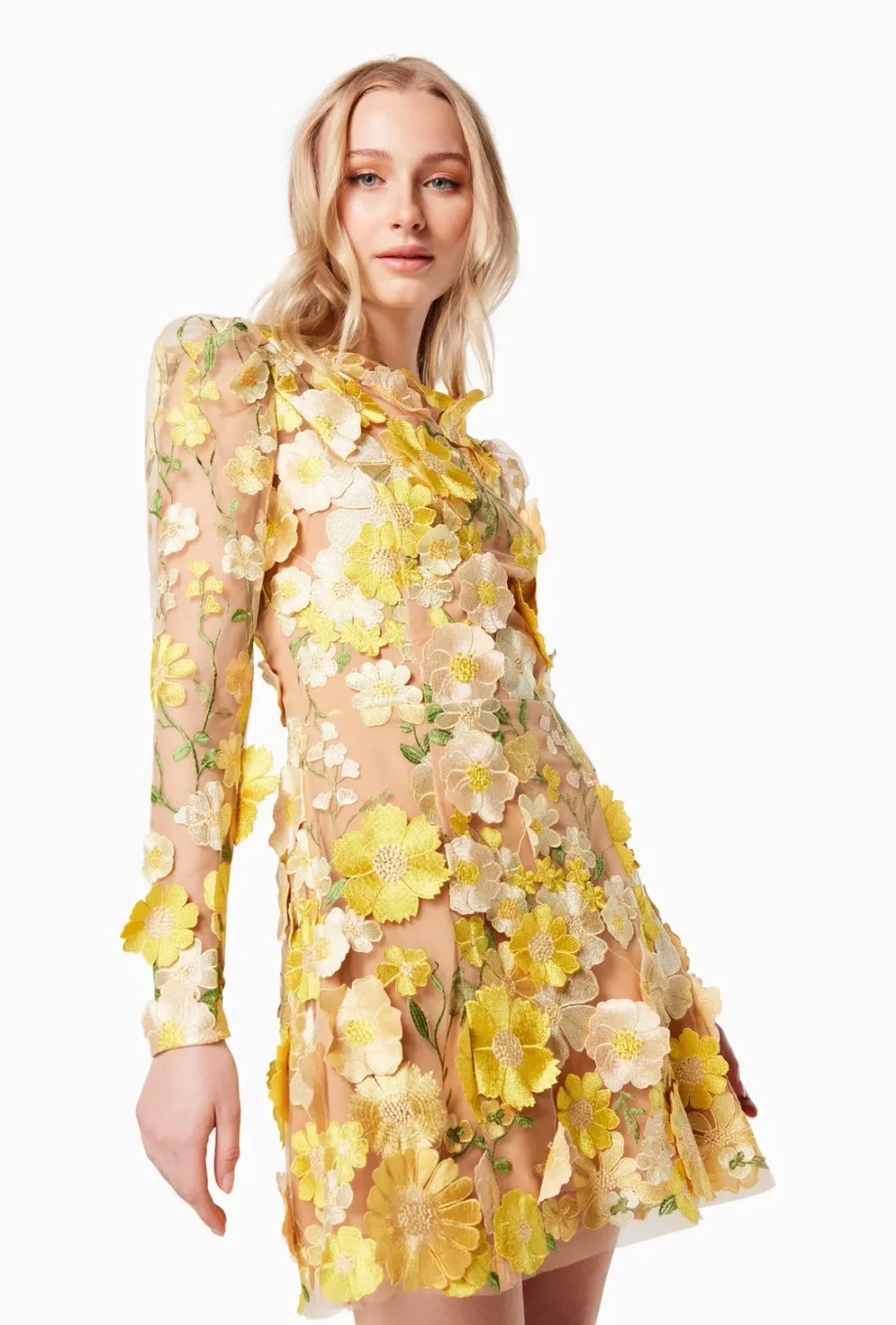 Elliatt Goldenvoice 3D Floral Mini Dress Yellow Size L / AU 12 for rent on The Volte - main image