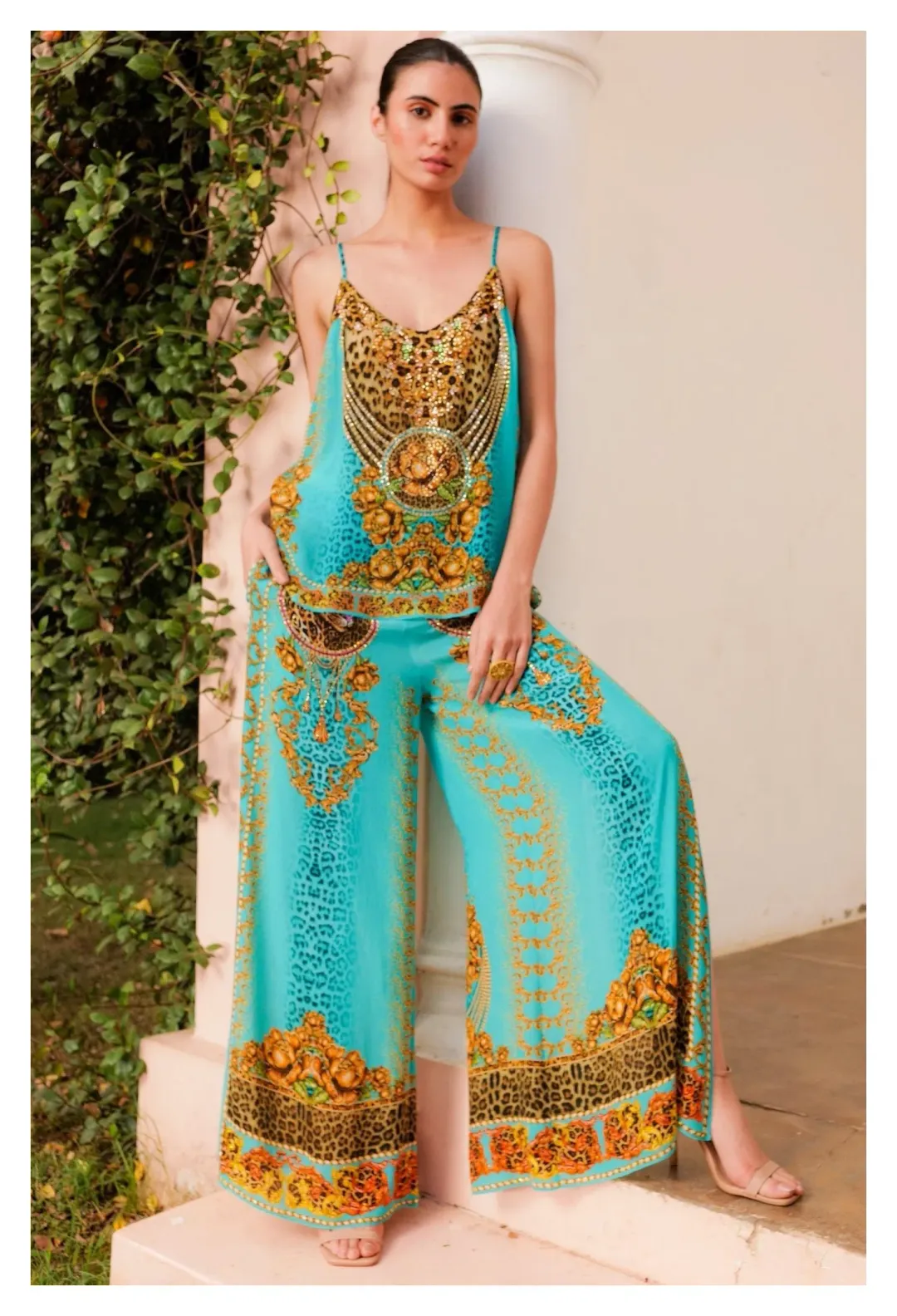 Czarina Aqua Leopardess Cami Top & Palazzo Pants with Side Slit Set Blue & Animal Print Size L/ AU12 for rent on The Volte - main image