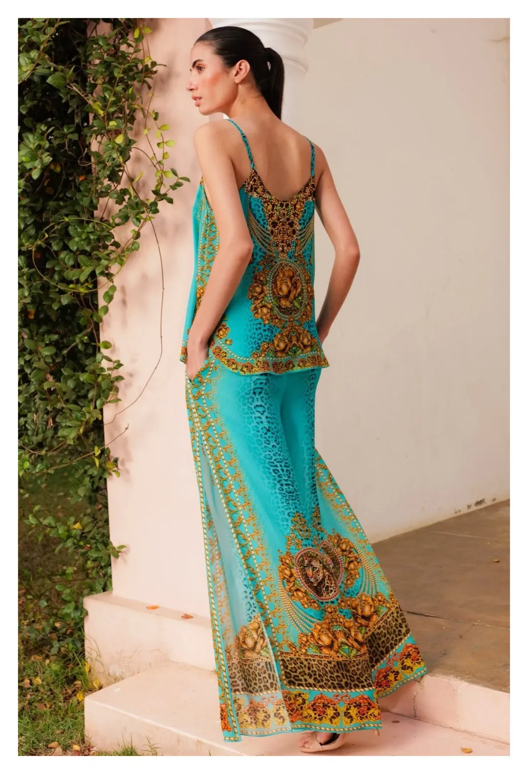 Czarina Aqua Leopardess Cami Top & Palazzo Pants with Side Slit Set Blue & Animal Print Size L/ AU12 for rent on The Volte - main image