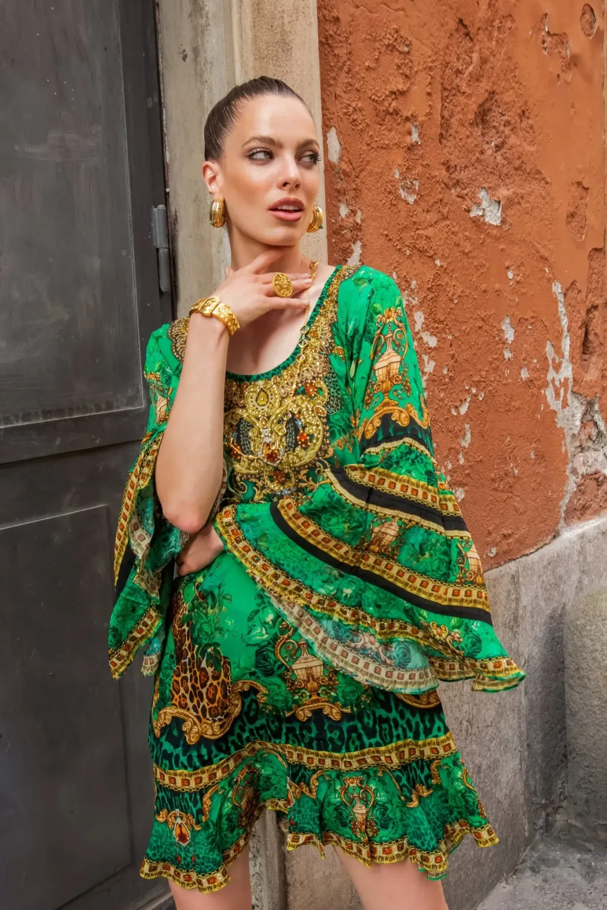 Czarina Emerald Leopardess Frill Dress Mini Green Leopard Print Size L / AU 14 - Image 4