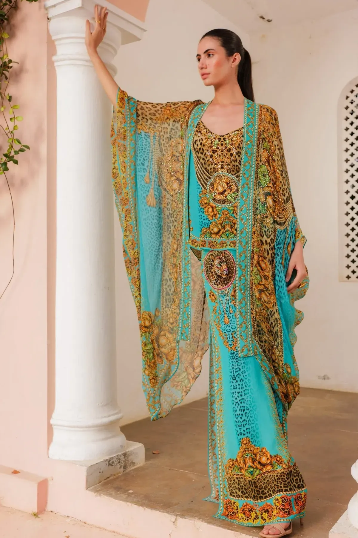 Czarina Aqua Leopardess Medium Cape Turquoise Leopard Print One Size - Image 1
