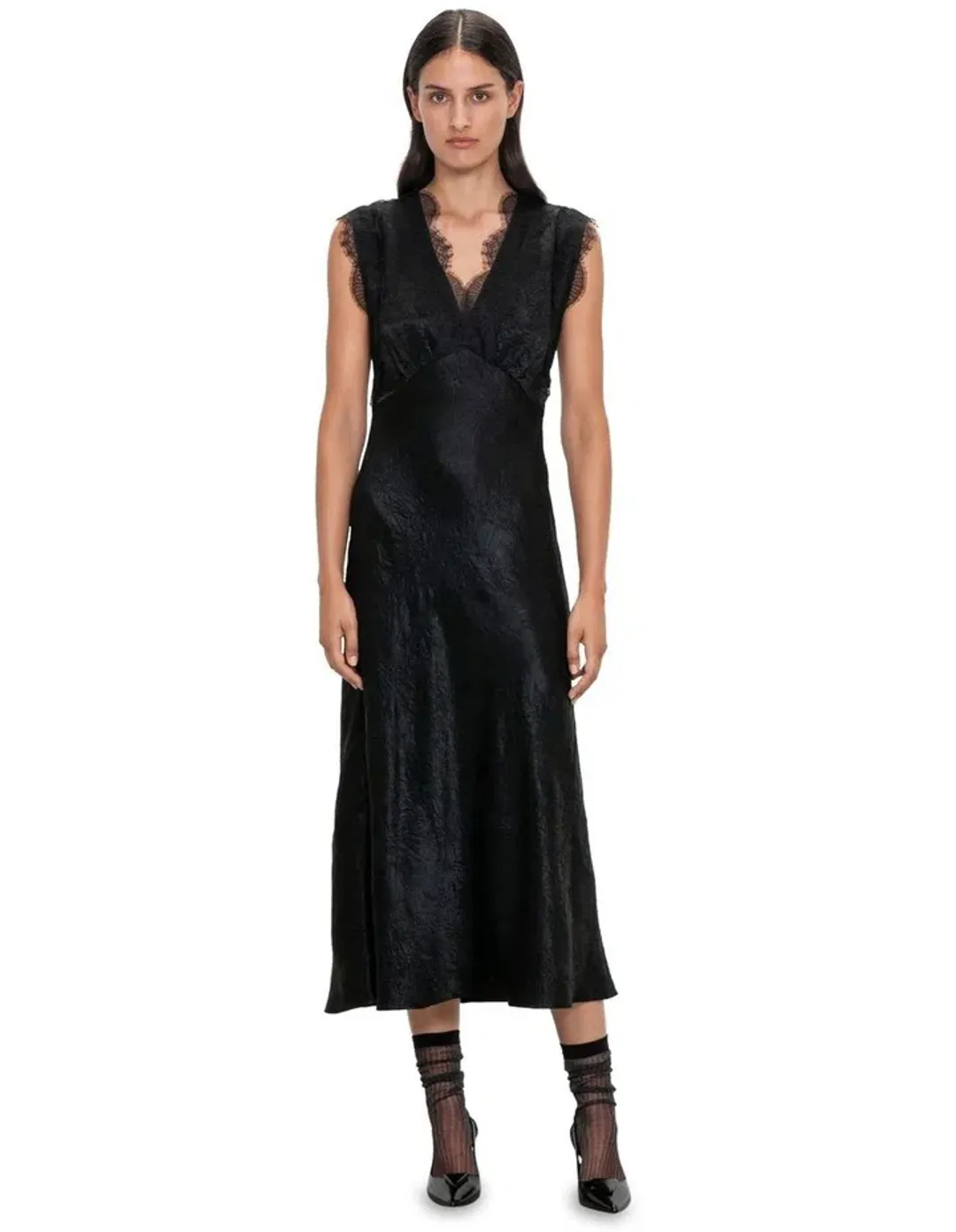 Veronika Maine Crushed Satin Lace Dress Black Size 8 for rent on The Volte - main image