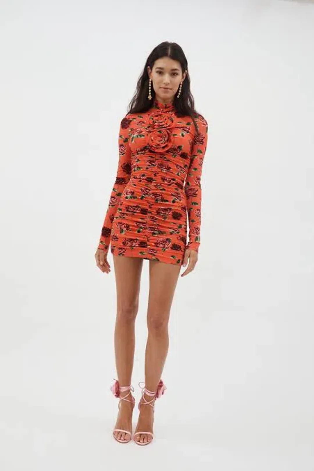Magda Butrym High Neck Long Sleeve Ruched Mini Dress Red Orange Floral Size FR 36 / AU 8 for rent on The Volte - main image