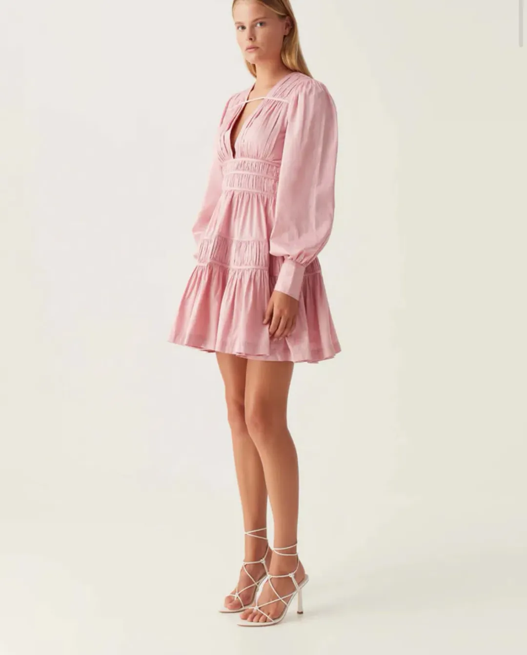 Aje Fallingwater Ruched Mini Dress Chalk Pink Size 8 for rent on The Volte - main image